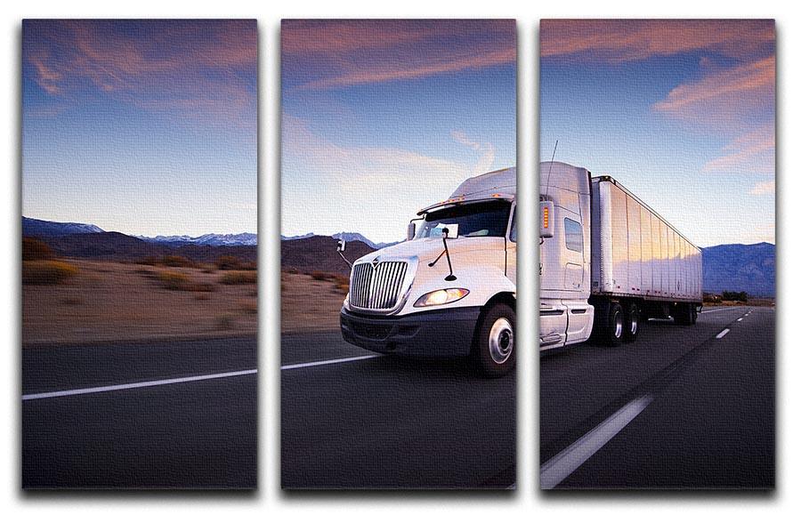 A beautiful 3-panel canvas print featuring a truck on a highway during a vibrant sunset, enhancing interior decor.