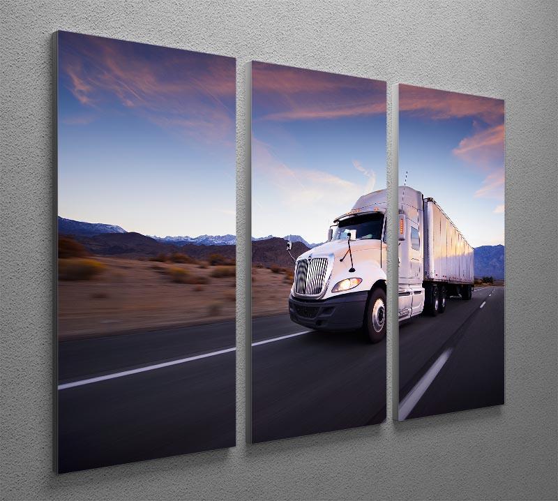A beautiful 3-panel canvas print featuring a truck on a highway during a vibrant sunset, enhancing interior decor.