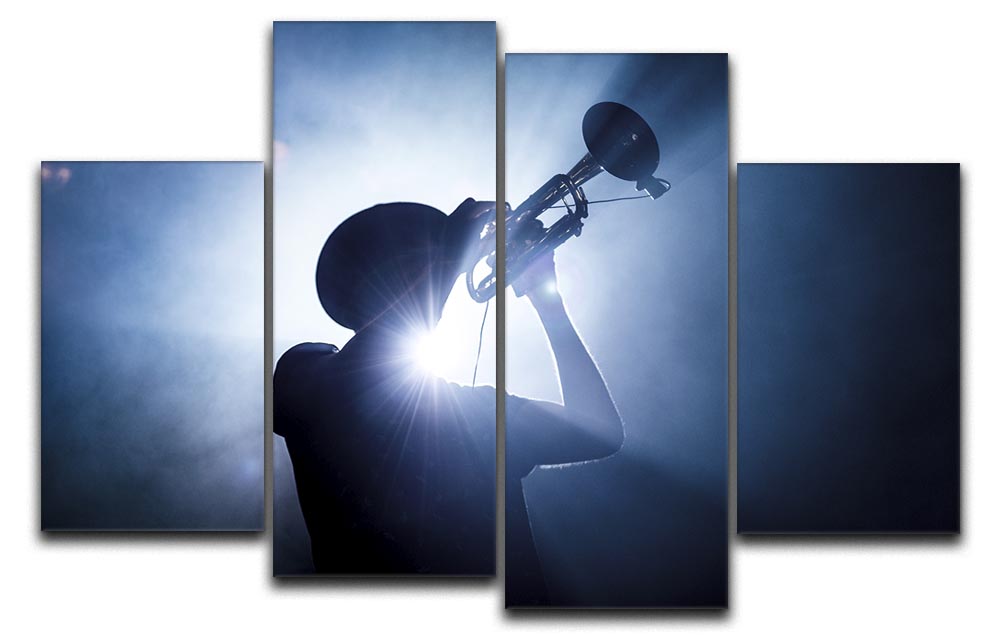 A vibrant 4-split canvas artwork featuring a trumpet player, showcasing dynamic colors and artistic design.