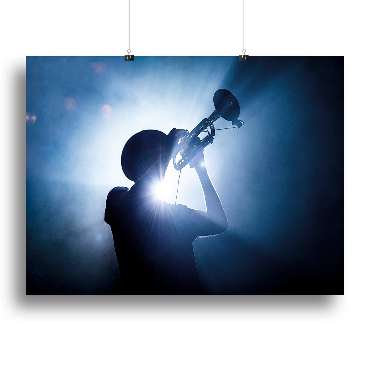 A vibrant canvas print of a trumpet player, showcasing dynamic colors and artistic flair, perfect for music lovers.