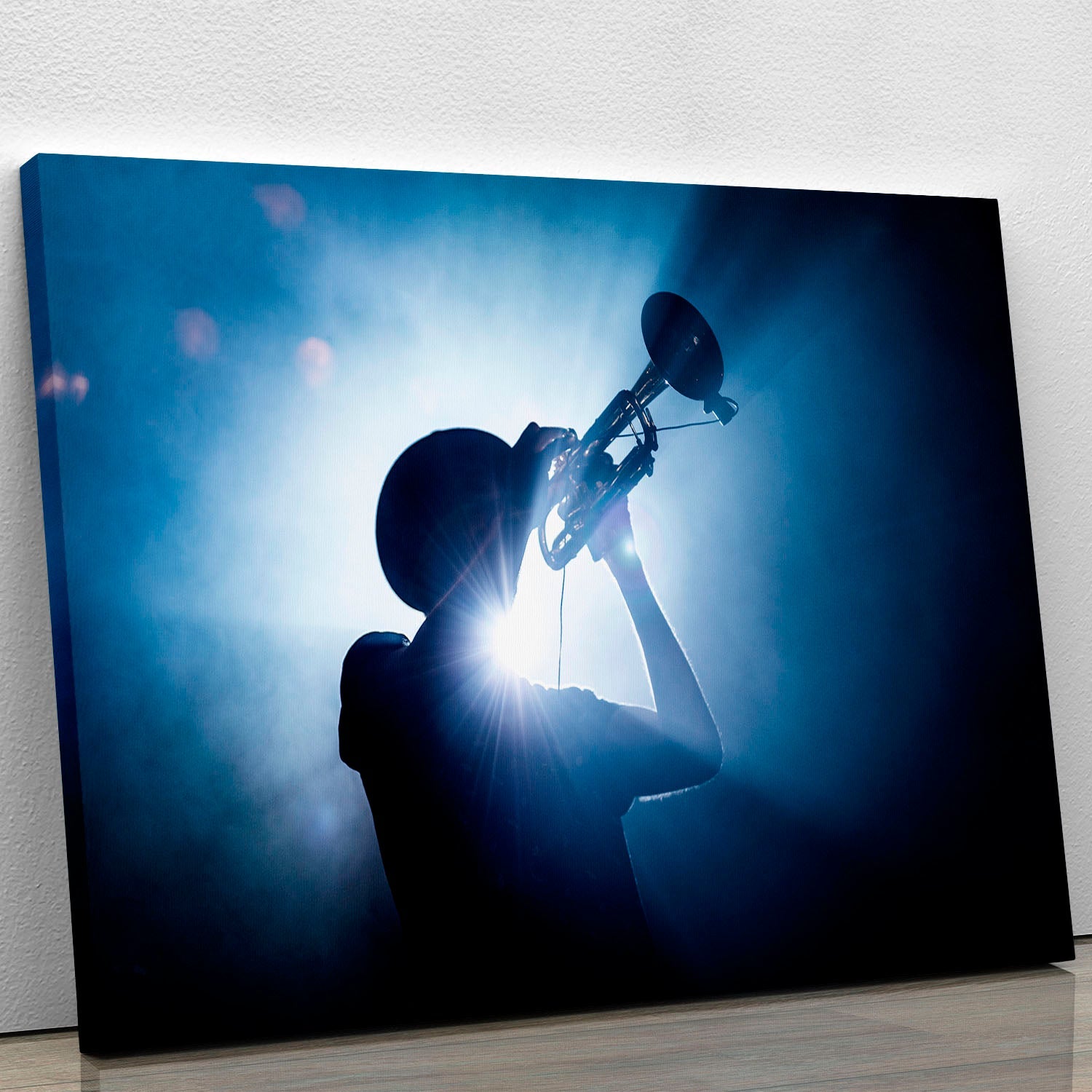 A vibrant canvas print of a trumpet player, showcasing dynamic colors and artistic flair, perfect for music lovers.