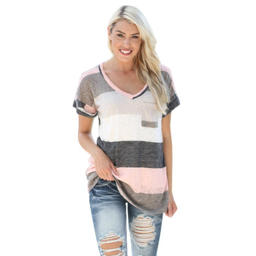 Plus Size 5XL Striped T-shirt for women, featuring a V-neck collar and short sleeves, made from breathable polyester fabric.