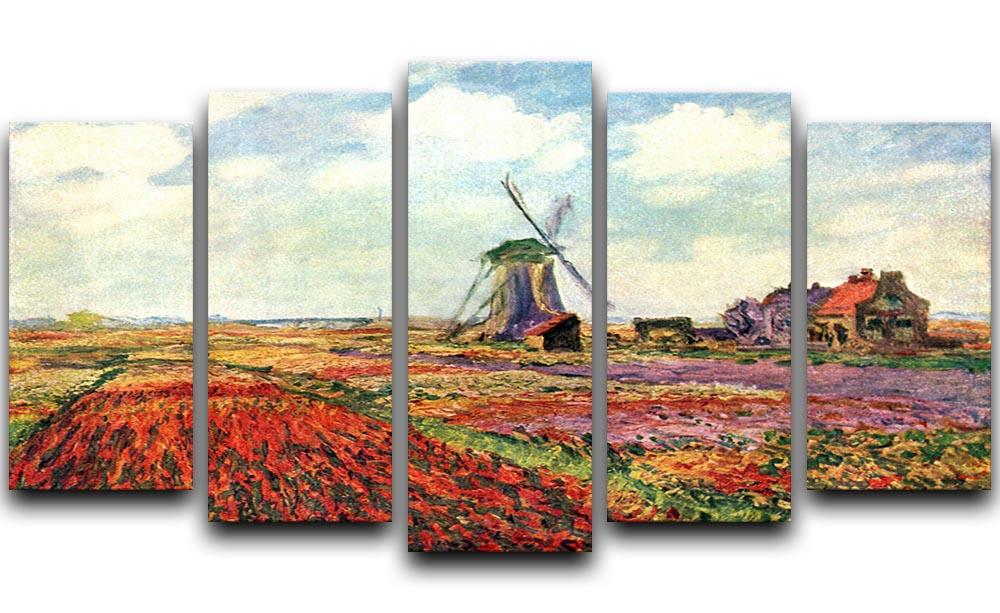 A vibrant 5 split panel canvas artwork featuring Monet's Tulips of Holland, showcasing colorful tulips in a beautiful arrangement.