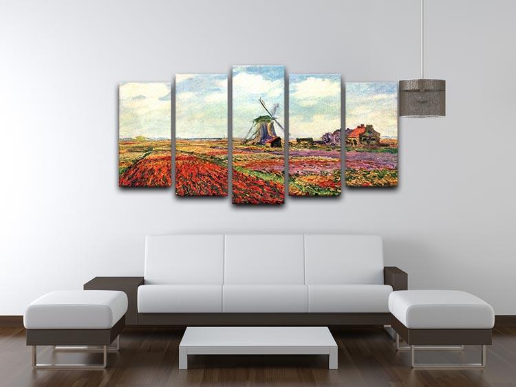 A vibrant 5 split panel canvas artwork featuring Monet's Tulips of Holland, showcasing colorful tulips in a beautiful arrangement.