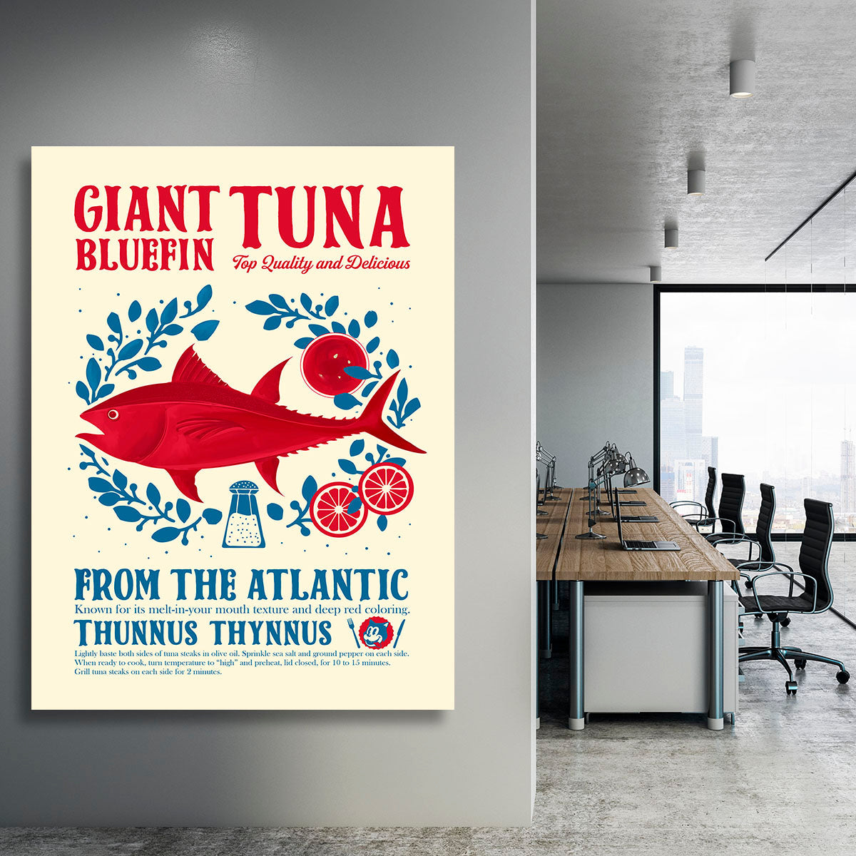 A vibrant Tuna kitchen print canvas showcasing a beautifully illustrated tuna fish, perfect for kitchen decor.
