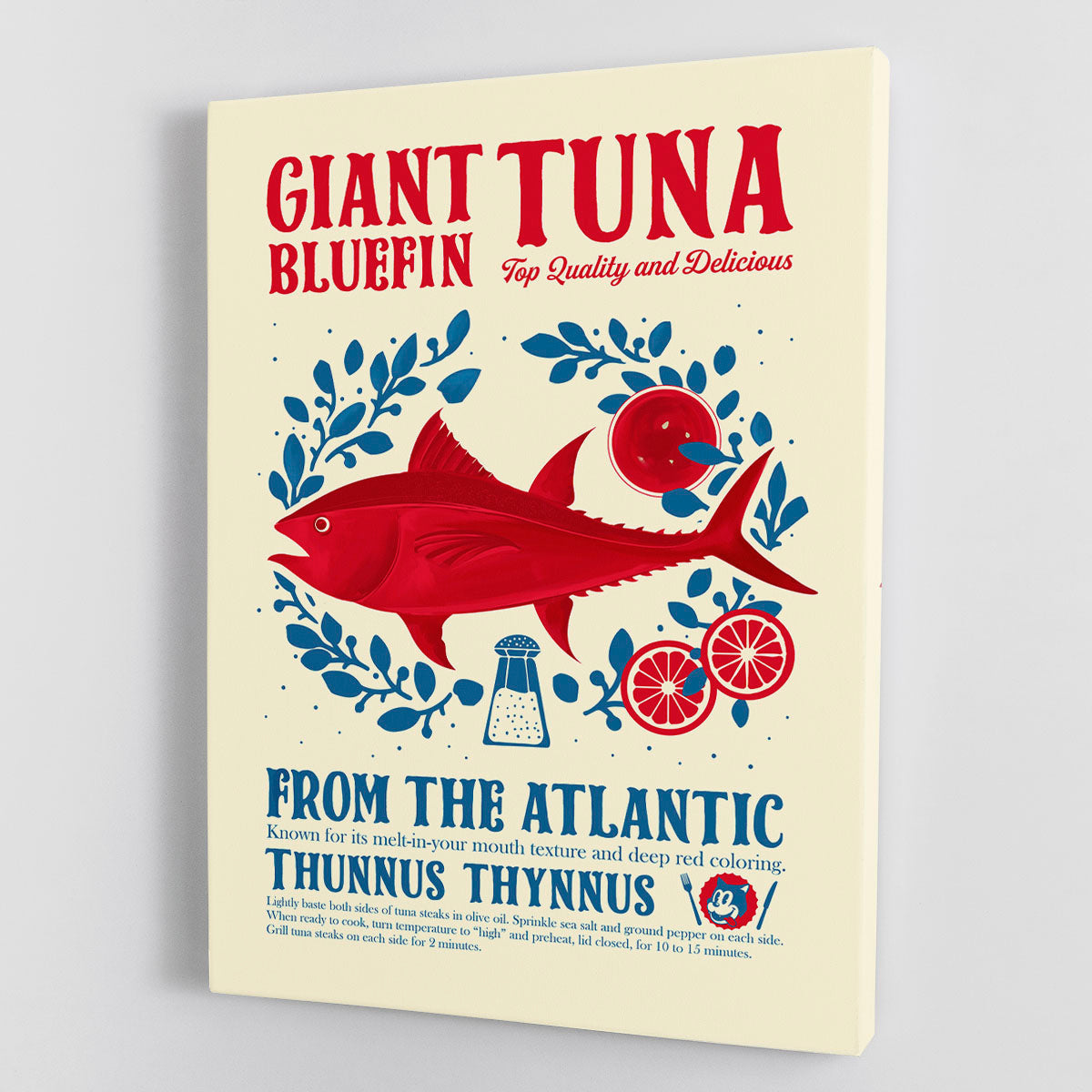 A vibrant Tuna kitchen print canvas showcasing a beautifully illustrated tuna fish, perfect for kitchen decor.