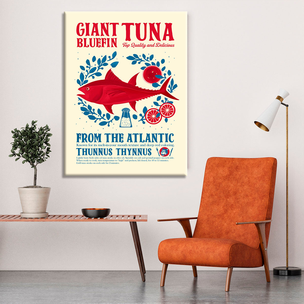 A vibrant Tuna kitchen print canvas showcasing a beautifully illustrated tuna fish, perfect for kitchen decor.