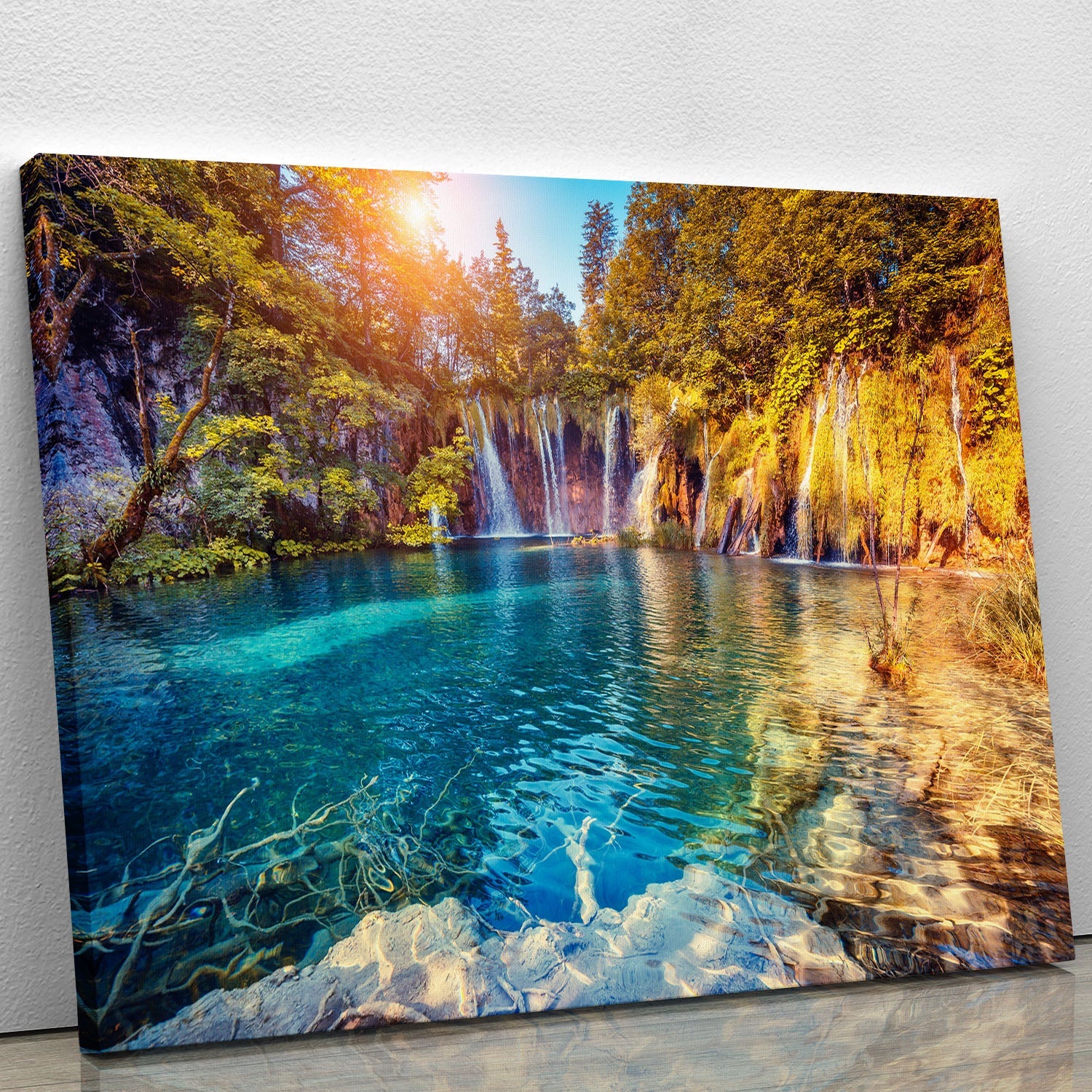 A vibrant canvas print featuring turquoise water and sunny beams, perfect for home decor.