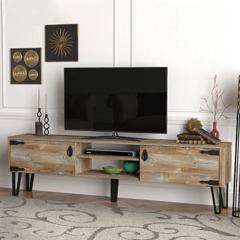 SEVILLIA Vintage TV Furniture Set in black melamine, featuring two cabinets and shelves, stylish vintage design.