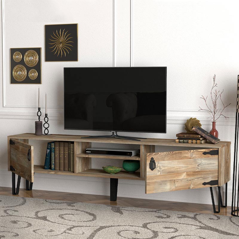 SEVILLIA Vintage TV Furniture Set in black melamine, featuring two cabinets and shelves, stylish vintage design.