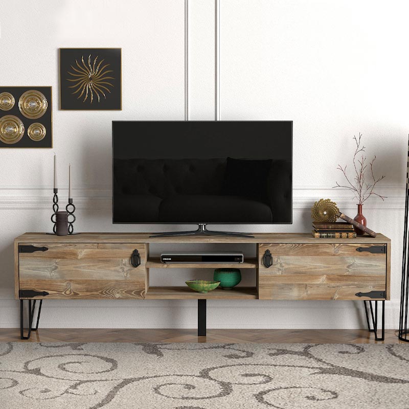 SEVILLIA Vintage TV Furniture Set in black melamine, featuring two cabinets and shelves, stylish vintage design.