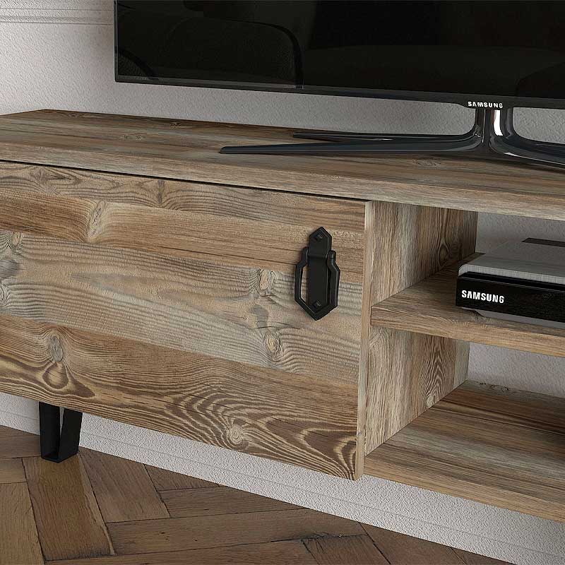 SEVILLIA Vintage TV Furniture Set in black melamine, featuring two cabinets and shelves, stylish vintage design.