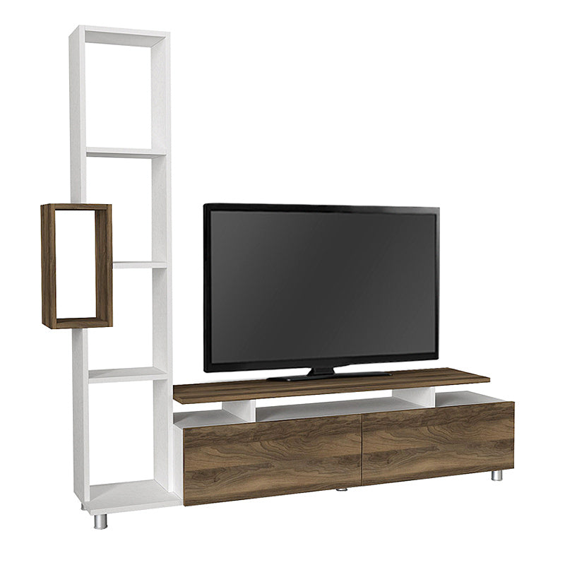 MONTREAL TV Set in melamine white and walnut, showcasing its modern design and spacious surface.
