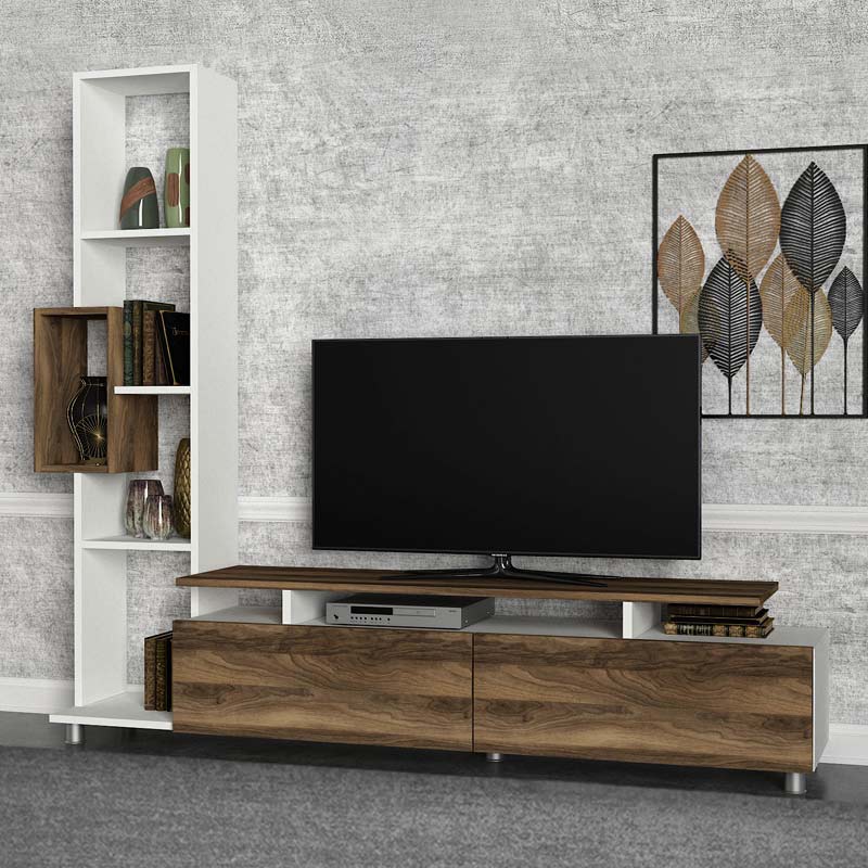 MONTREAL TV Set in melamine white and walnut, showcasing its modern design and spacious surface.
