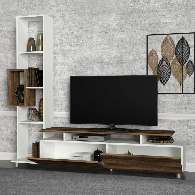 MONTREAL TV Set in melamine white and walnut, showcasing its modern design and spacious surface.