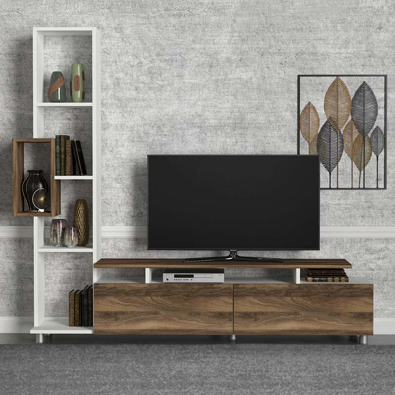 MONTREAL TV Set in melamine white and walnut, showcasing its modern design and spacious surface.