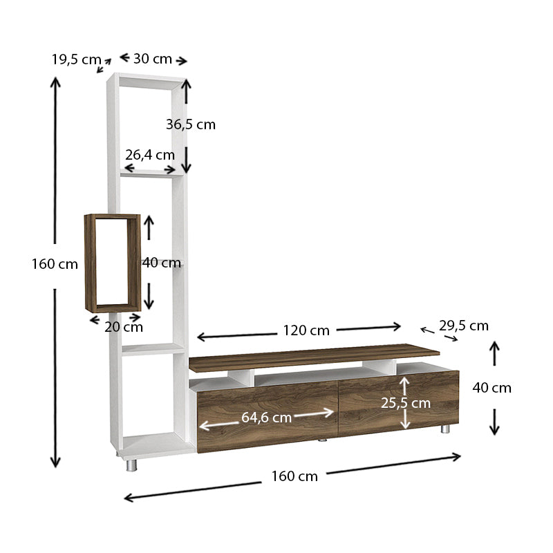 MONTREAL TV Set in melamine white and walnut, showcasing its modern design and spacious surface.