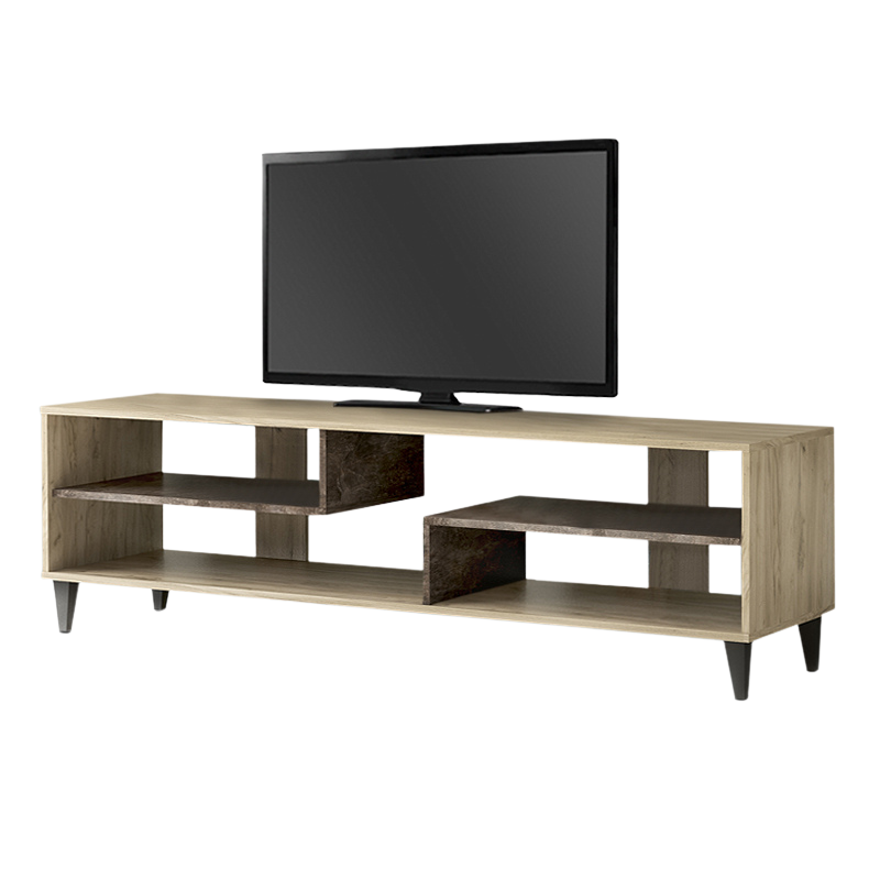 AMBER Grey Oak TV Stand with open storage spaces, measuring 150x40x46cm, showcasing a modern design in a dark grey oak finish.