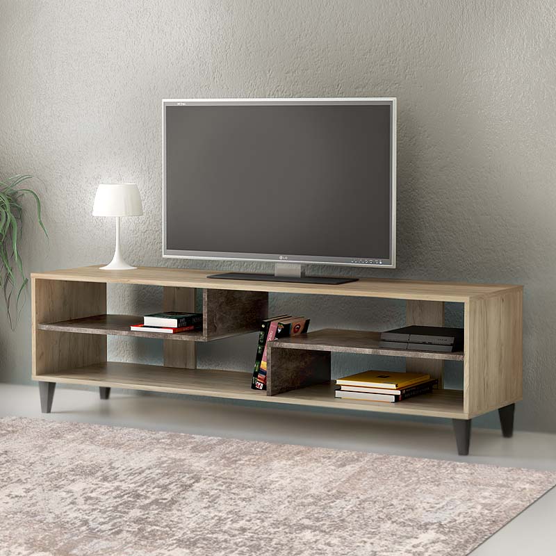 AMBER Grey Oak TV Stand with open storage spaces, measuring 150x40x46cm, showcasing a modern design in a dark grey oak finish.
