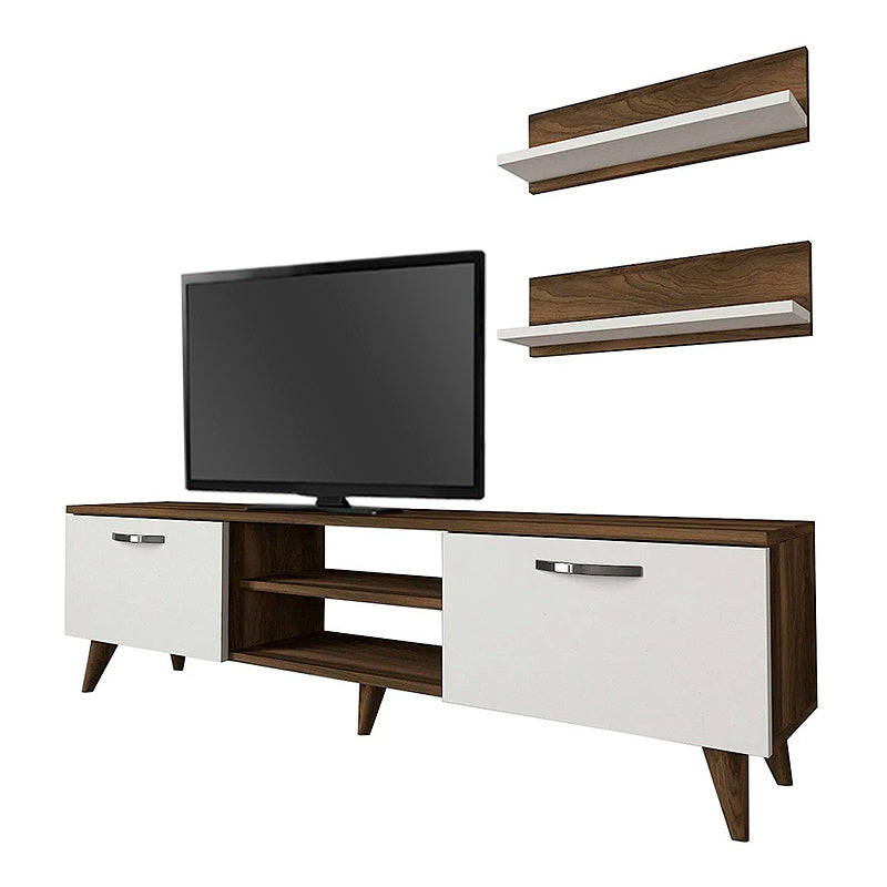 ANGELO TV Stand in walnut and white, featuring two wall shelves and modern design.