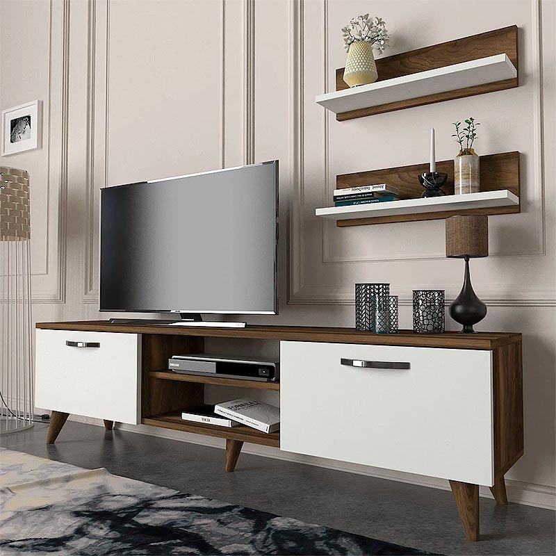 ANGELO TV Stand in walnut and white, featuring two wall shelves and modern design.