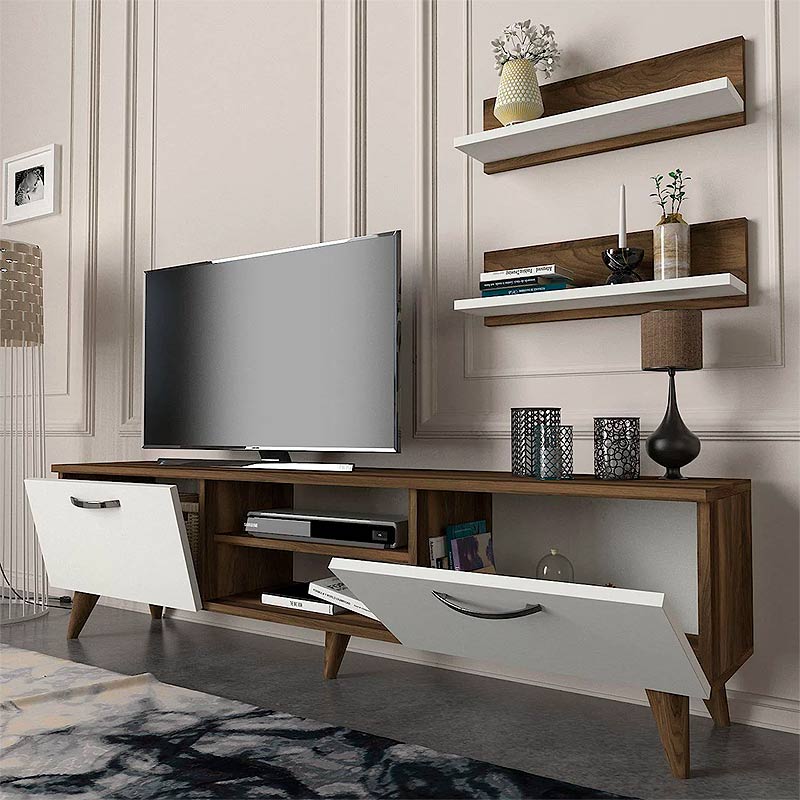 ANGELO TV Stand in walnut and white, featuring two wall shelves and modern design.