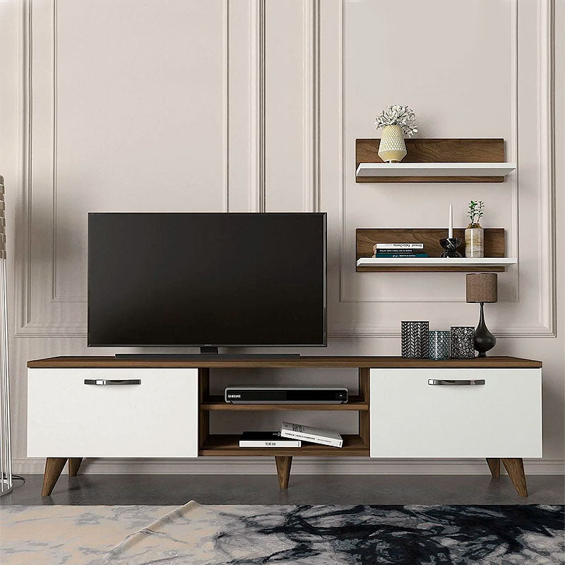 ANGELO TV Stand in walnut and white, featuring two wall shelves and modern design.