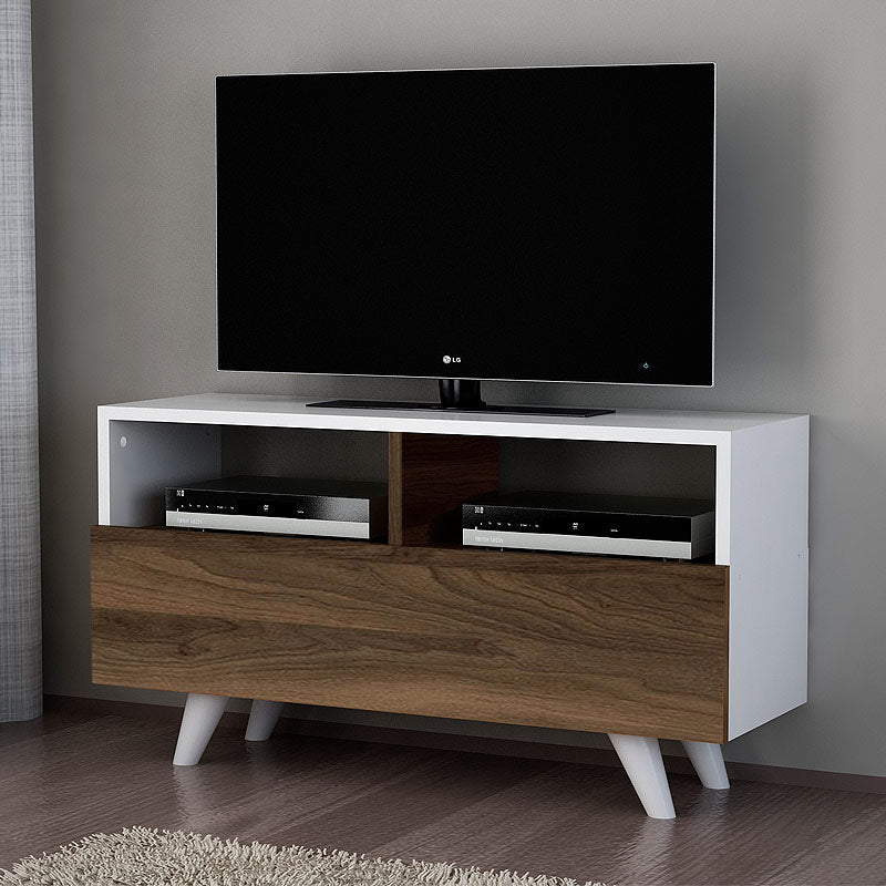 TV Stand CAIRO in white and walnut finish, showcasing its sleek design and sturdy construction.