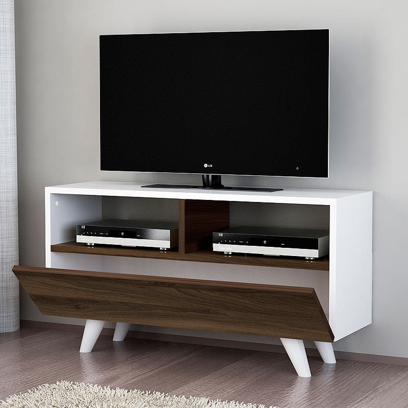 TV Stand CAIRO in white and walnut finish, showcasing its sleek design and sturdy construction.