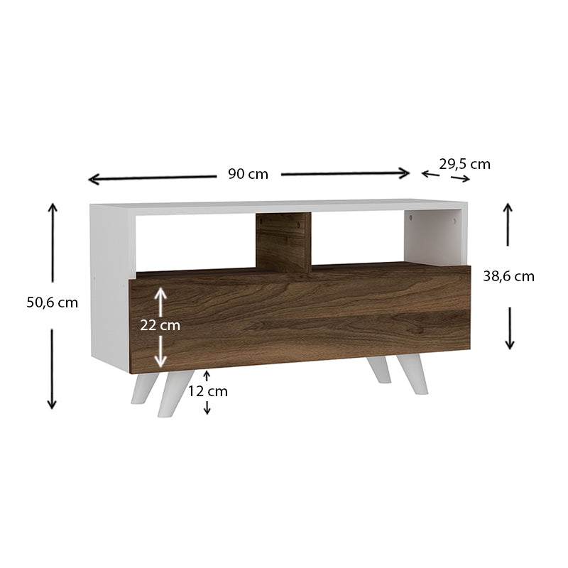 TV Stand CAIRO in white and walnut finish, showcasing its sleek design and sturdy construction.