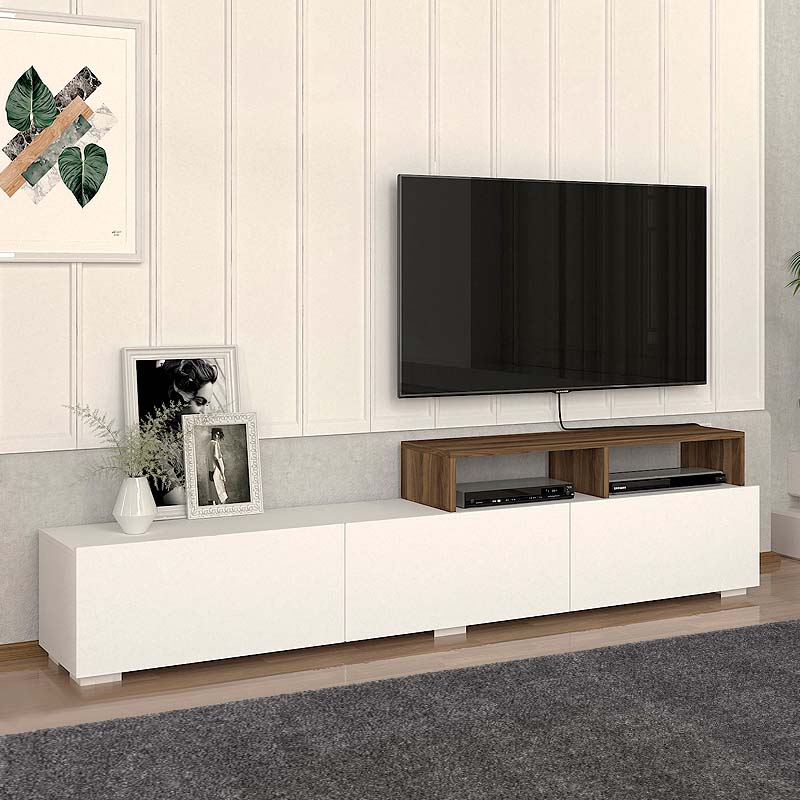 CARMEN White TV Stand with walnut shelf, dimensions 210x30x49.8 cm, showcasing modern design and quality materials.