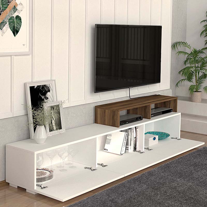CARMEN White TV Stand with walnut shelf, dimensions 210x30x49.8 cm, showcasing modern design and quality materials.