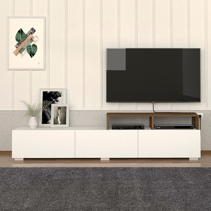 CARMEN White TV Stand with walnut shelf, dimensions 210x30x49.8 cm, showcasing modern design and quality materials.