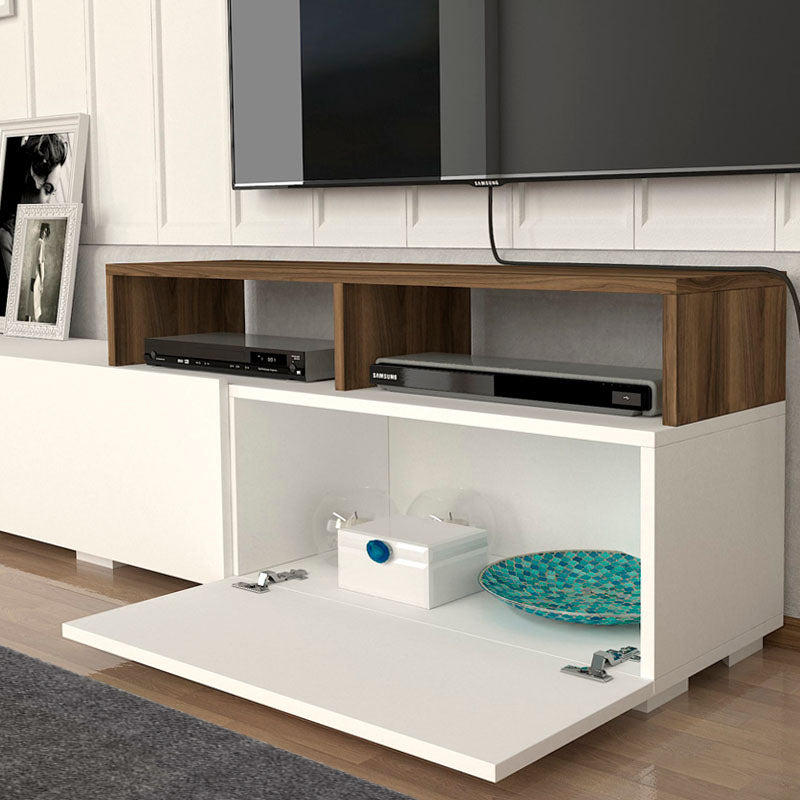 CARMEN White TV Stand with walnut shelf, dimensions 210x30x49.8 cm, showcasing modern design and quality materials.