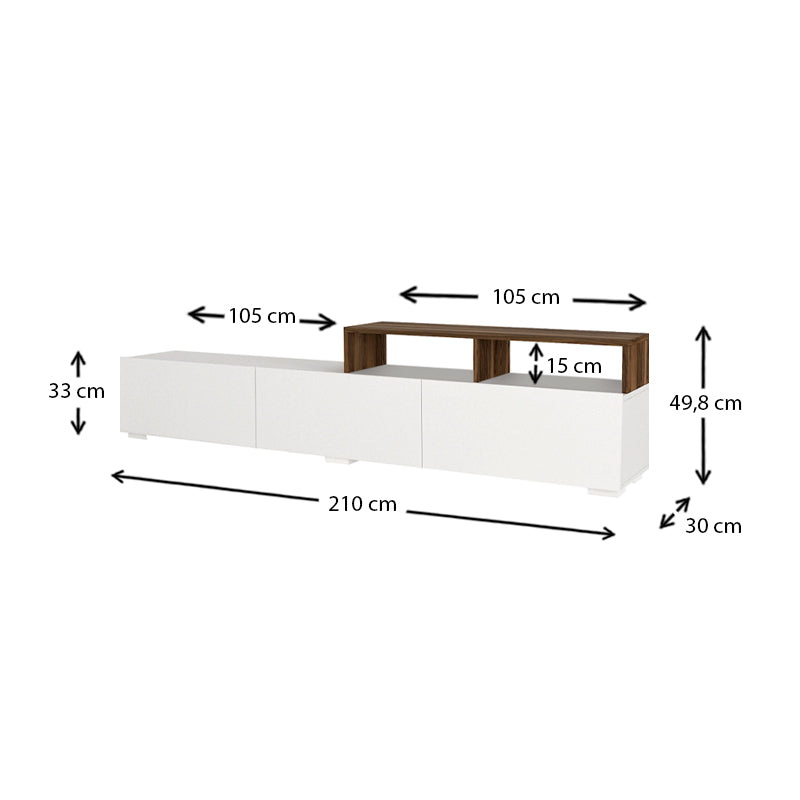 CARMEN White TV Stand with walnut shelf, dimensions 210x30x49.8 cm, showcasing modern design and quality materials.