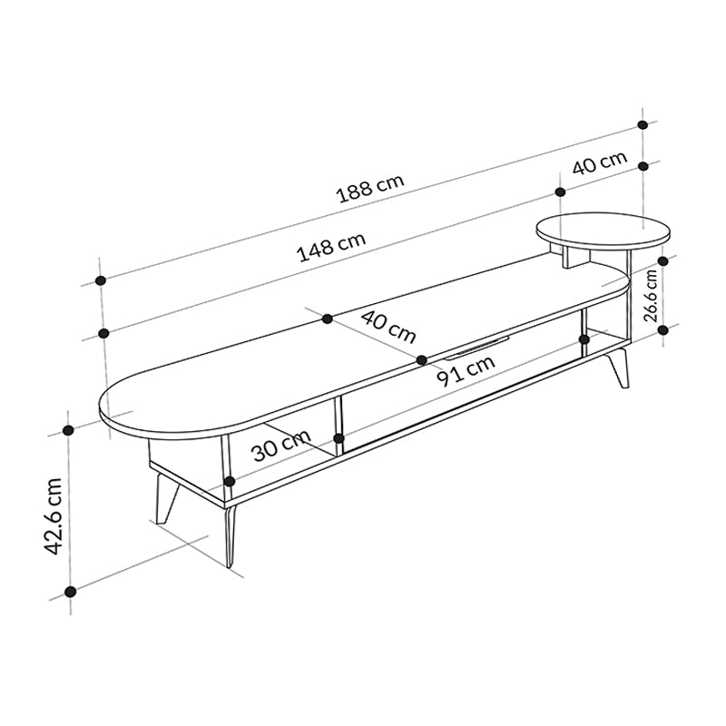 CLASICO TV Stand in white melamine, measuring 188x40x42.6cm, showcasing its sleek design and ample storage space.