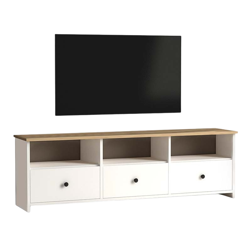 TV Stand GIUSEPPE in White Oak with three cabinets and shelves, showcasing a modern design suitable for living rooms and offices.