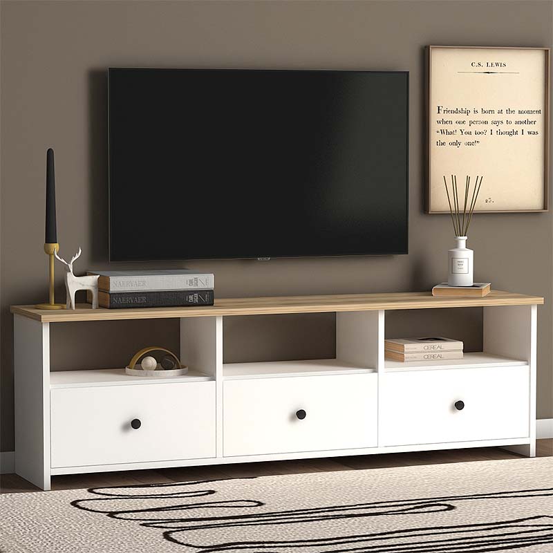 TV Stand GIUSEPPE in White Oak with three cabinets and shelves, showcasing a modern design suitable for living rooms and offices.