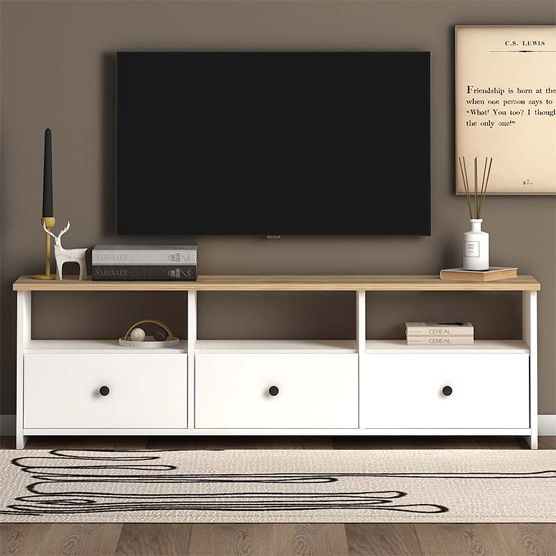 TV Stand GIUSEPPE in White Oak with three cabinets and shelves, showcasing a modern design suitable for living rooms and offices.