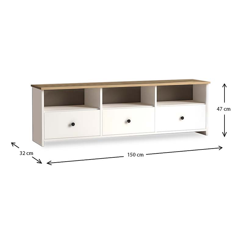 TV Stand GIUSEPPE in White Oak with three cabinets and shelves, showcasing a modern design suitable for living rooms and offices.