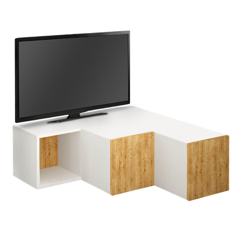 HOLLY White Oak TV Stand featuring a sleek design with two drawers and a shelf, perfect for corner placement in modern interiors.