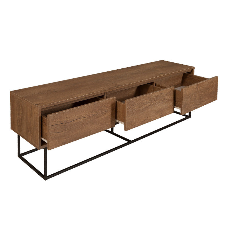 MARTINIQUE TV Stand in walnut color, featuring three drawers and sturdy metal legs, designed for modern living spaces.