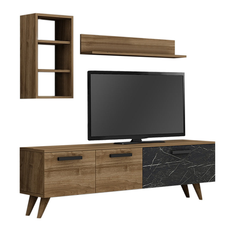 TV Stand PALMA featuring a walnut finish and black marble effect, showcasing its elegant design and functional shelves.