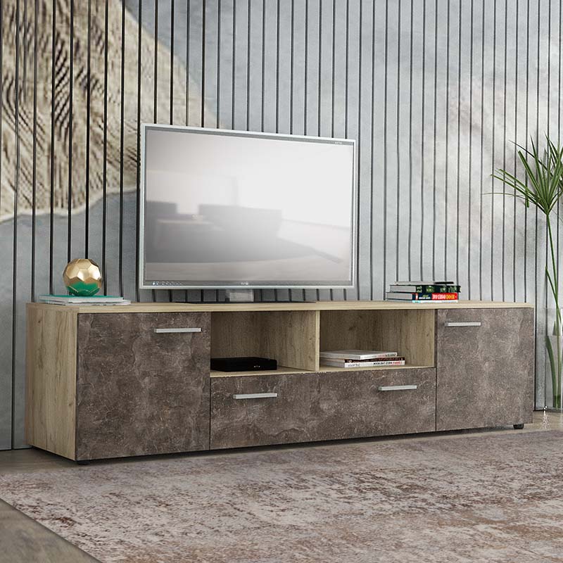 TV Stand TIBET in Grey Oak - Dark, featuring three cabinets and two shelves, perfect for modern interiors.