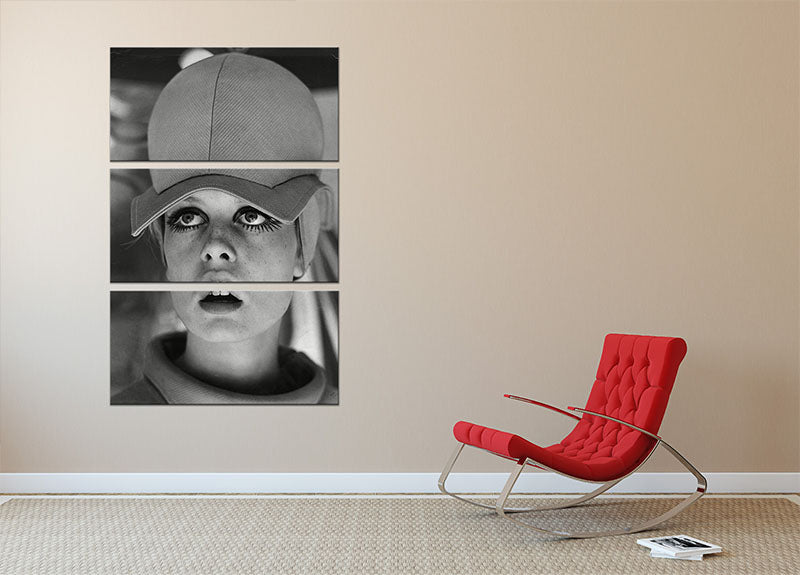 Three-panel canvas print featuring Twiggy in 1966, showcasing vibrant colors and stylish design.