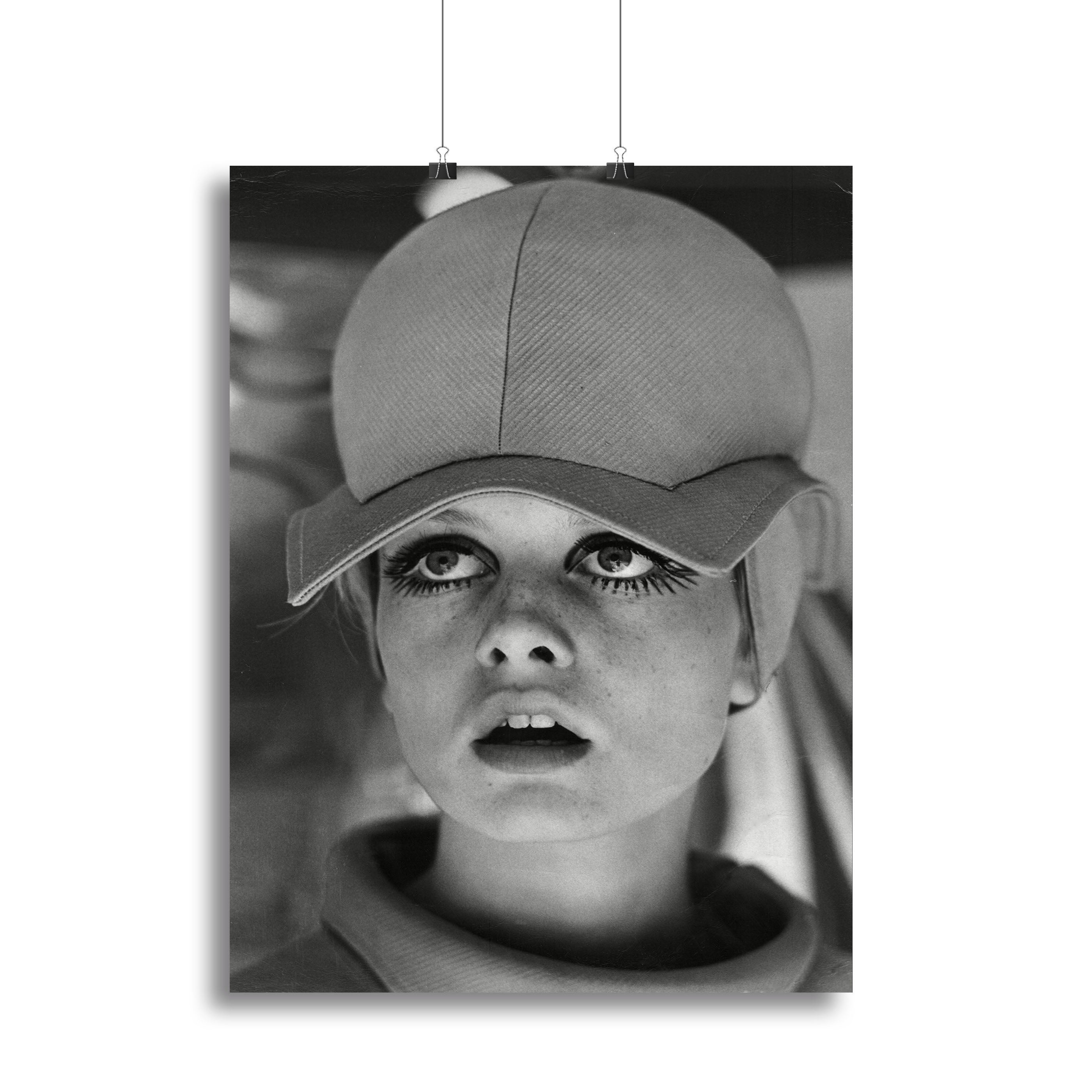 Canvas print of Twiggy in 1966, showcasing her iconic fashion style with vibrant colors and intricate details.