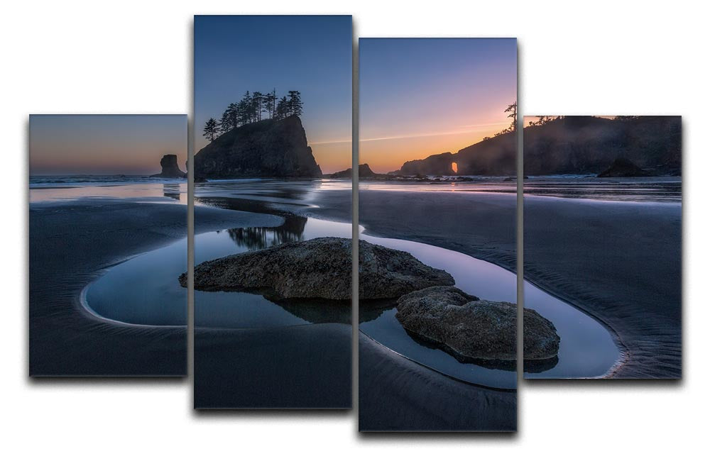 Twilight At Second Beach 4 Split Panel Canvas artwork showcasing a serene beach scene divided into four panels.