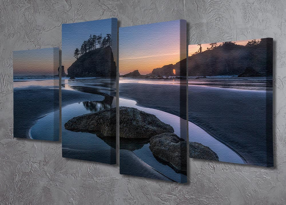 Twilight At Second Beach 4 Split Panel Canvas artwork showcasing a serene beach scene divided into four panels.