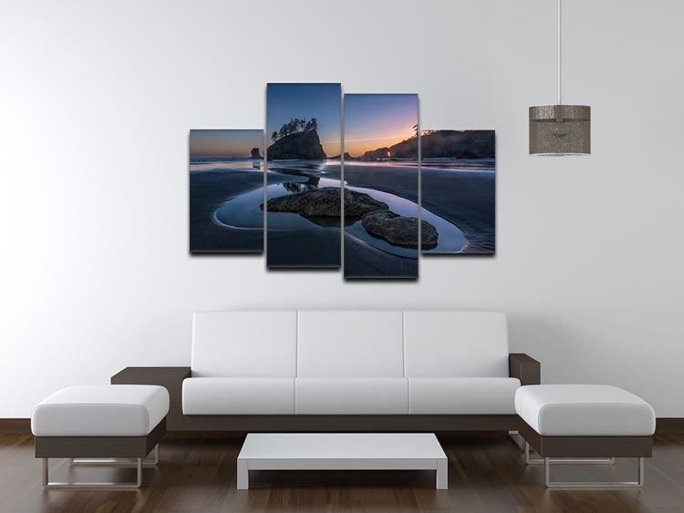 Twilight At Second Beach 4 Split Panel Canvas artwork showcasing a serene beach scene divided into four panels.