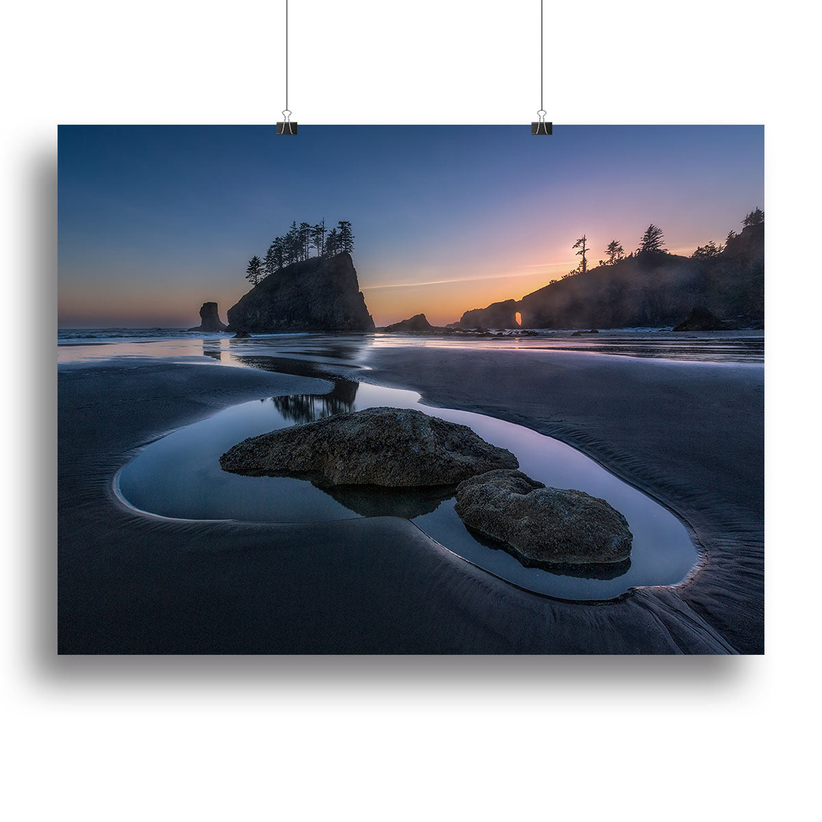 Twilight At Second Beach canvas print showcasing serene beach scenery at dusk with vibrant colors.